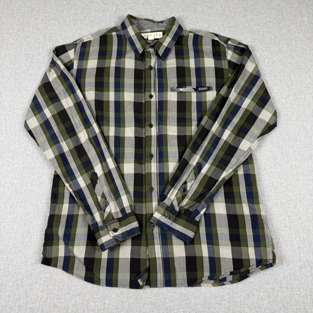 Ezekiel Mens XL Plaid Button Down Shirt Green Blue Cotton Long Sleeve